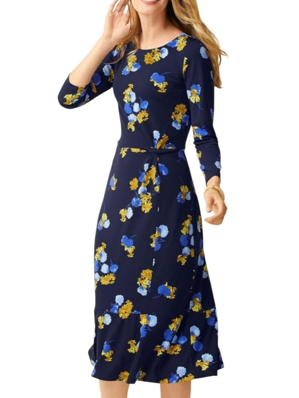 Talbots Blue & Gold Floral Midi Fit & Flare Dress Size 16